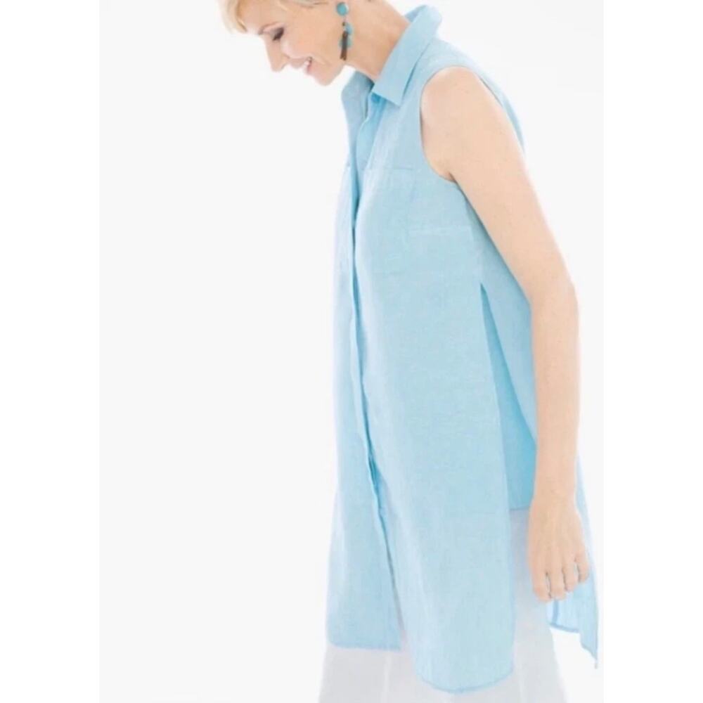Chico's Linen Tunic Blouse Top Button Up Sleeveless Aqua Chicos 1 US M Lagenlook